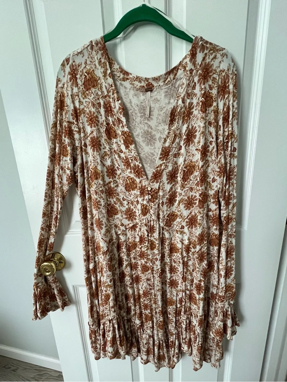 Free People Cream and Brown Floral Long Sleeve V-Neck Tunic Dress